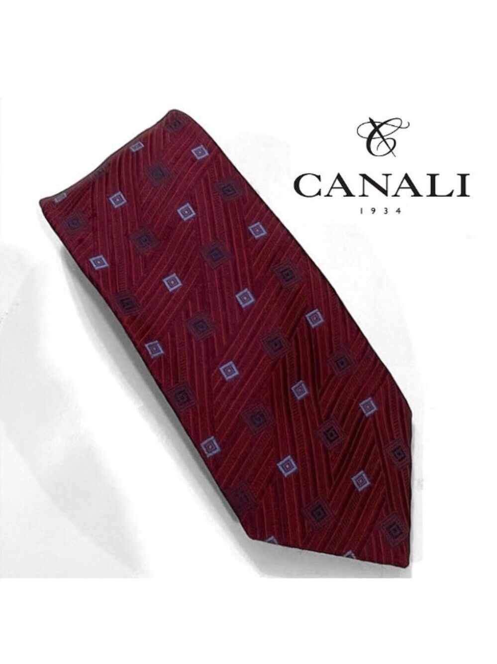 Canali Silk Tie Burgundy Made in Italy Geometric Pattern Classic Width